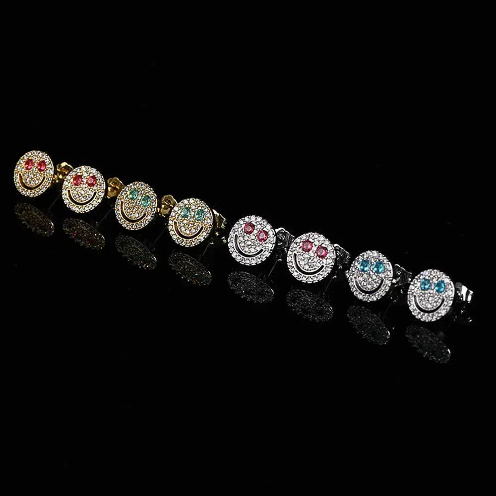 Full Zircon Smile Face Stud Earrings with 925 Silver Pin | Eyefunny 18K Gold Plated Hip Hop Jewelry | Caratix Jewelry - CaratixJewelry